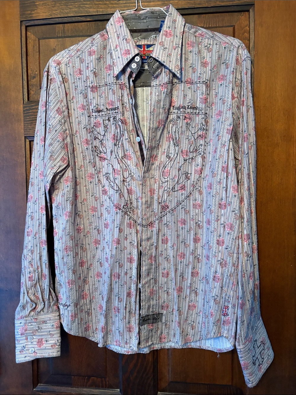 English laundry Men's Floral Stripe Button-Up Shirt - Pink & White sz m